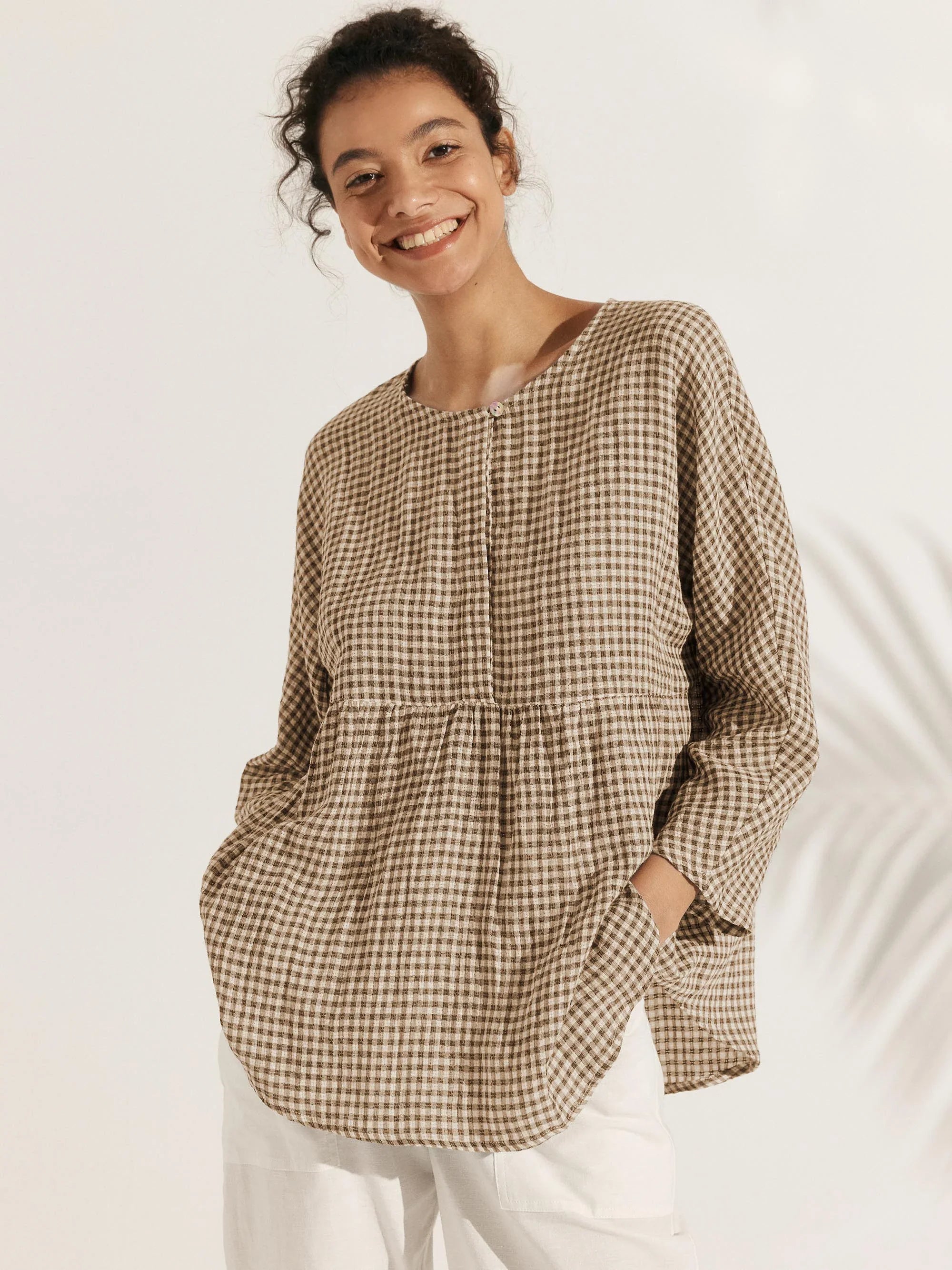 Linen Checked Long-Sleeved Top CAROLINE by LINTICO