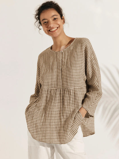 Linen Checked Long-Sleeved Top CAROLINE by LINTICO