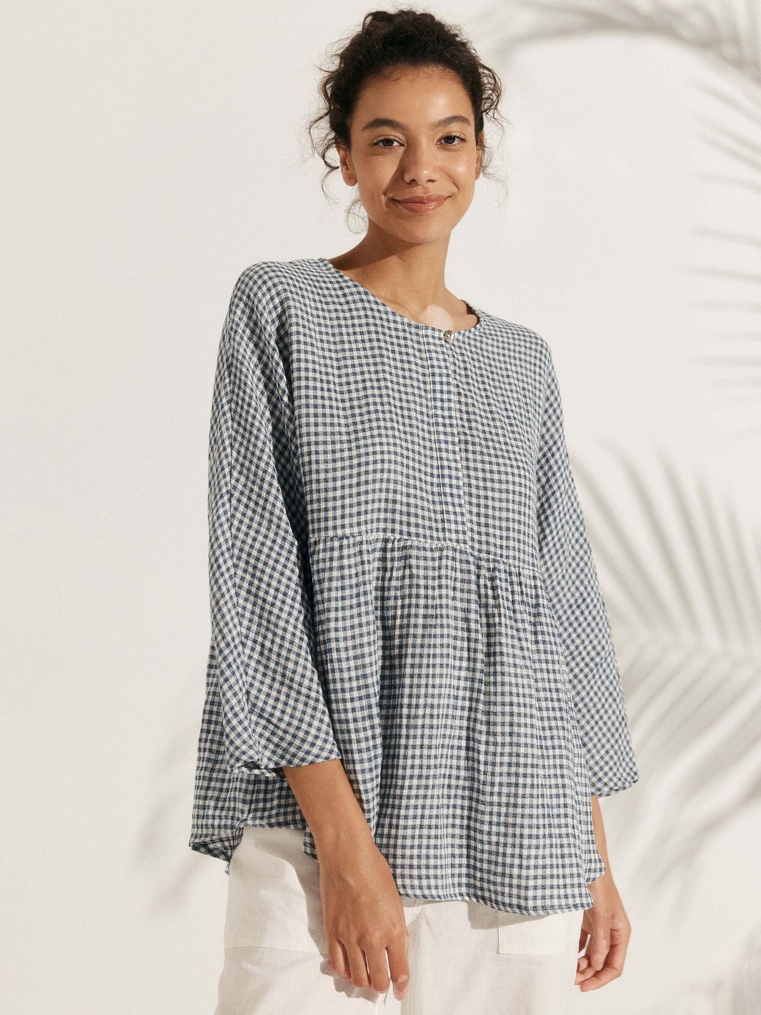 Linen Checked Long-Sleeved Top CAROLINE by LINTICO