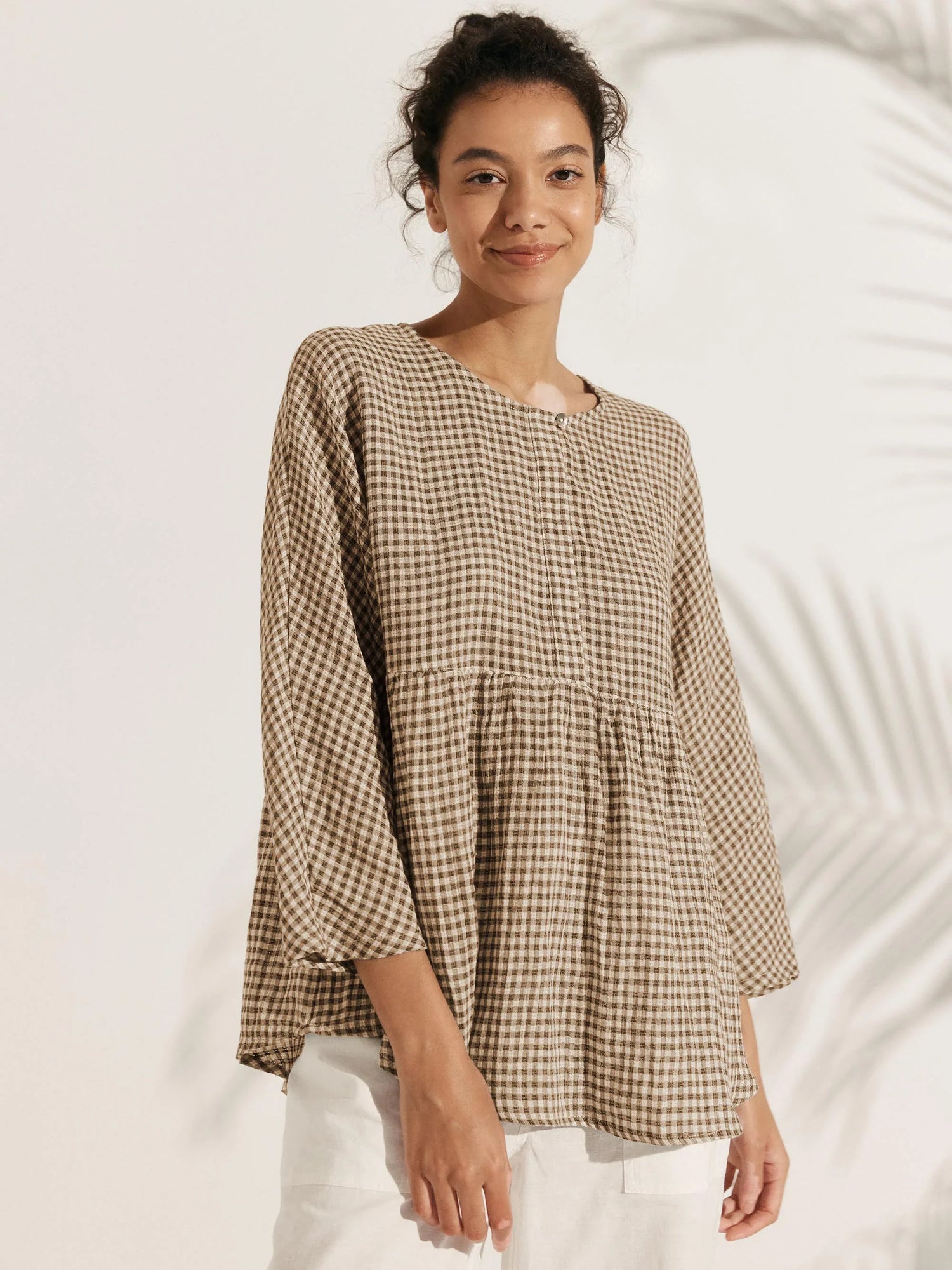 Linen Checked Long-Sleeved Top CAROLINE by LINTICO