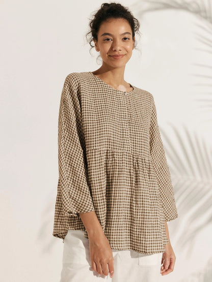 Linen Checked Long-Sleeved Top CAROLINE 