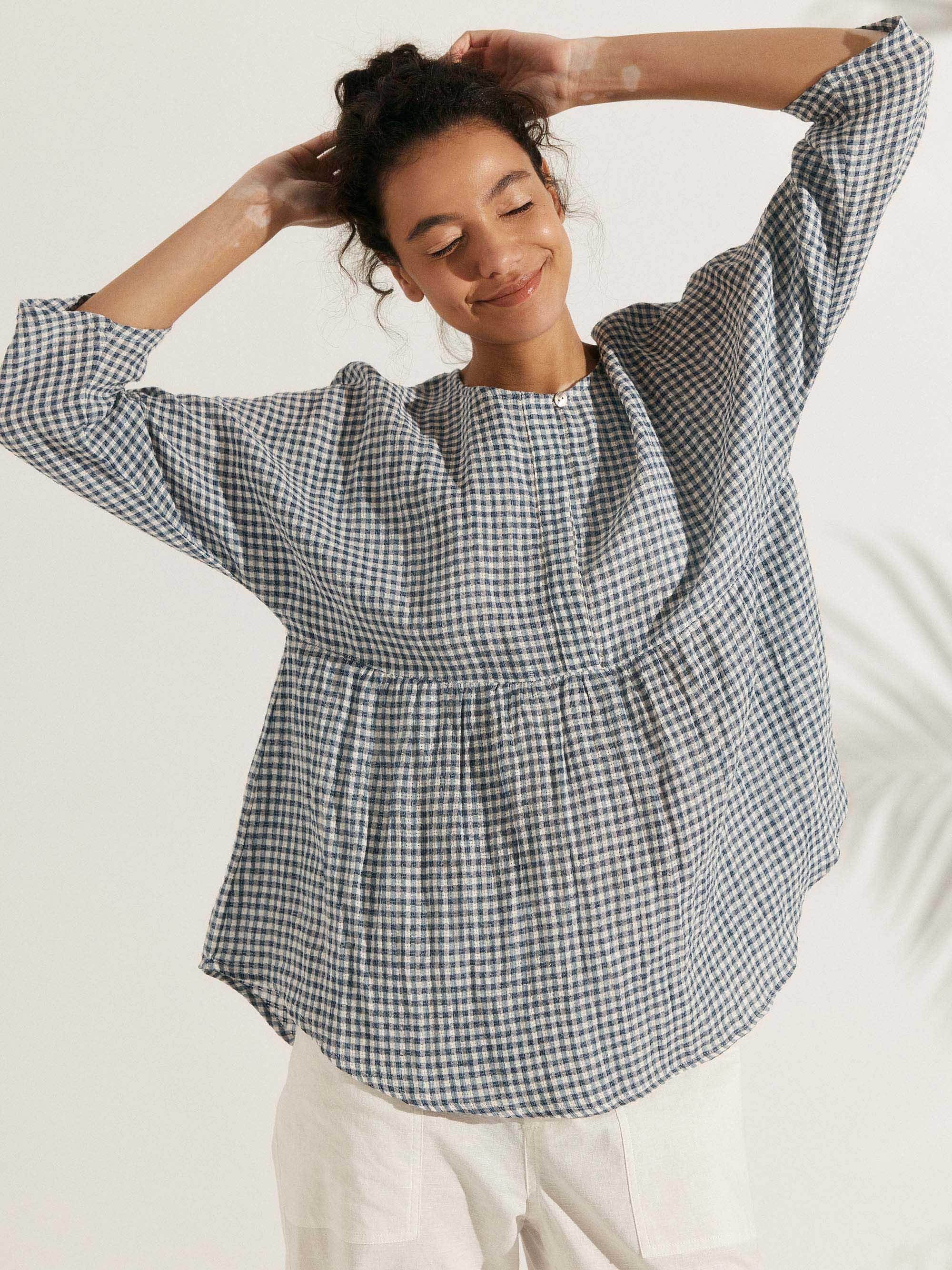 Linen Checked Long-Sleeved Top CAROLINE by LINTICO