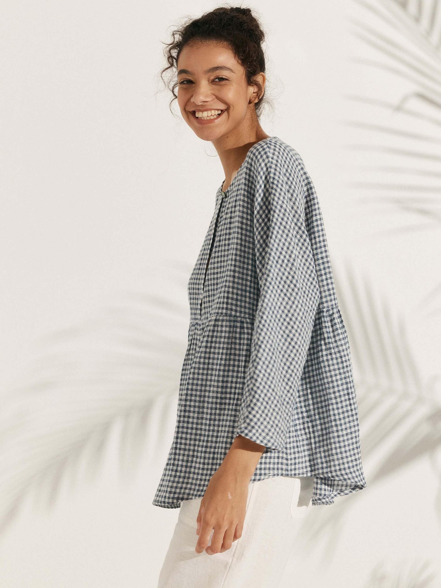 Linen Checked Long-Sleeved Top CAROLINE by LINTICO