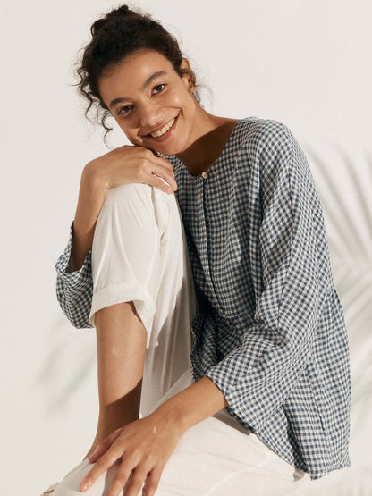 Linen Checked Long-Sleeved Top CAROLINE by LINTICO