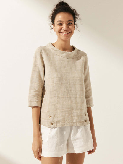 Linen Gingham Checked Round Soft-Fold Collar Top LAURA by LINTICO