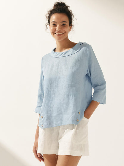 Linen Gingham Checked Round Soft-Fold Collar Top LAURA by LINTICO