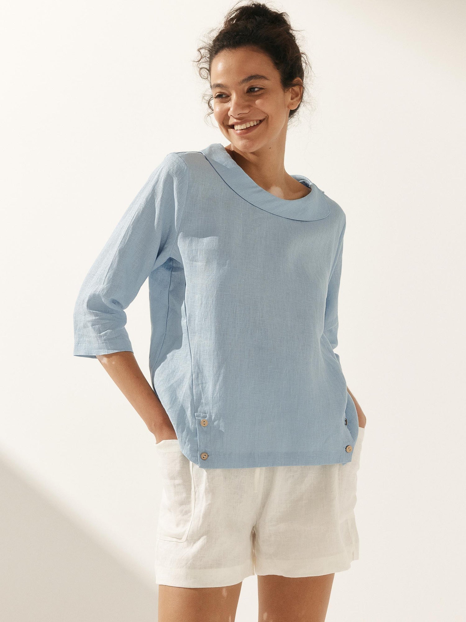 Linen Gingham Checked Round Soft-Fold Collar Top LAURA by LINTICO