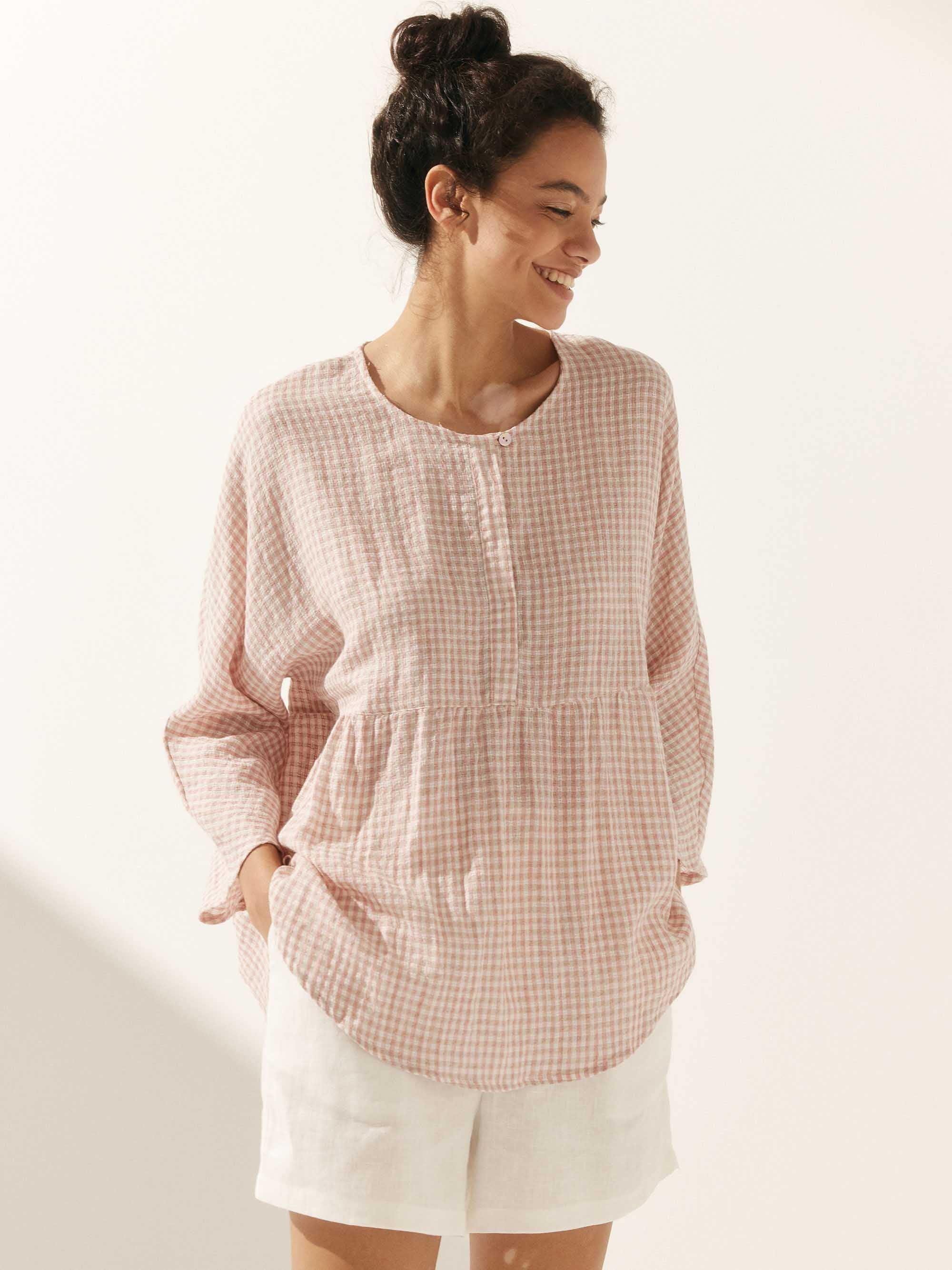 Linen Checked Long-Sleeved Top CAROLINE by LINTICO