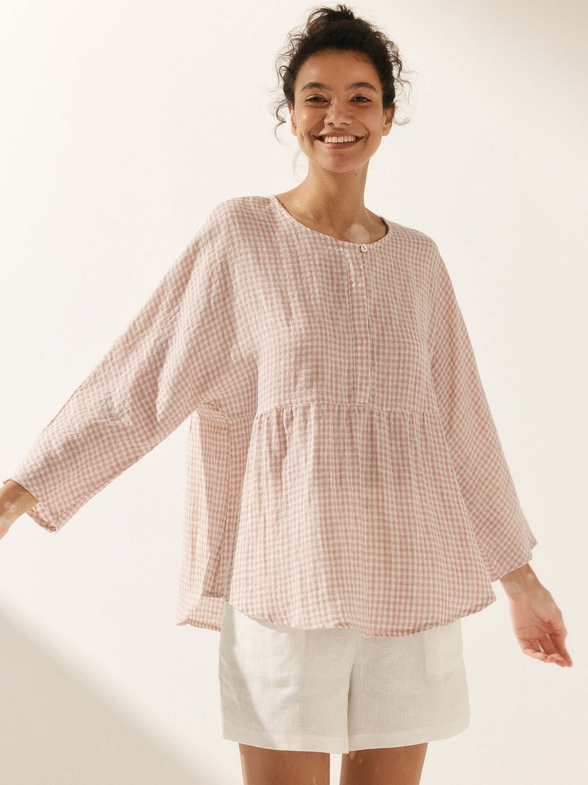 Linen Checked Long-Sleeved Top CAROLINE by LINTICO
