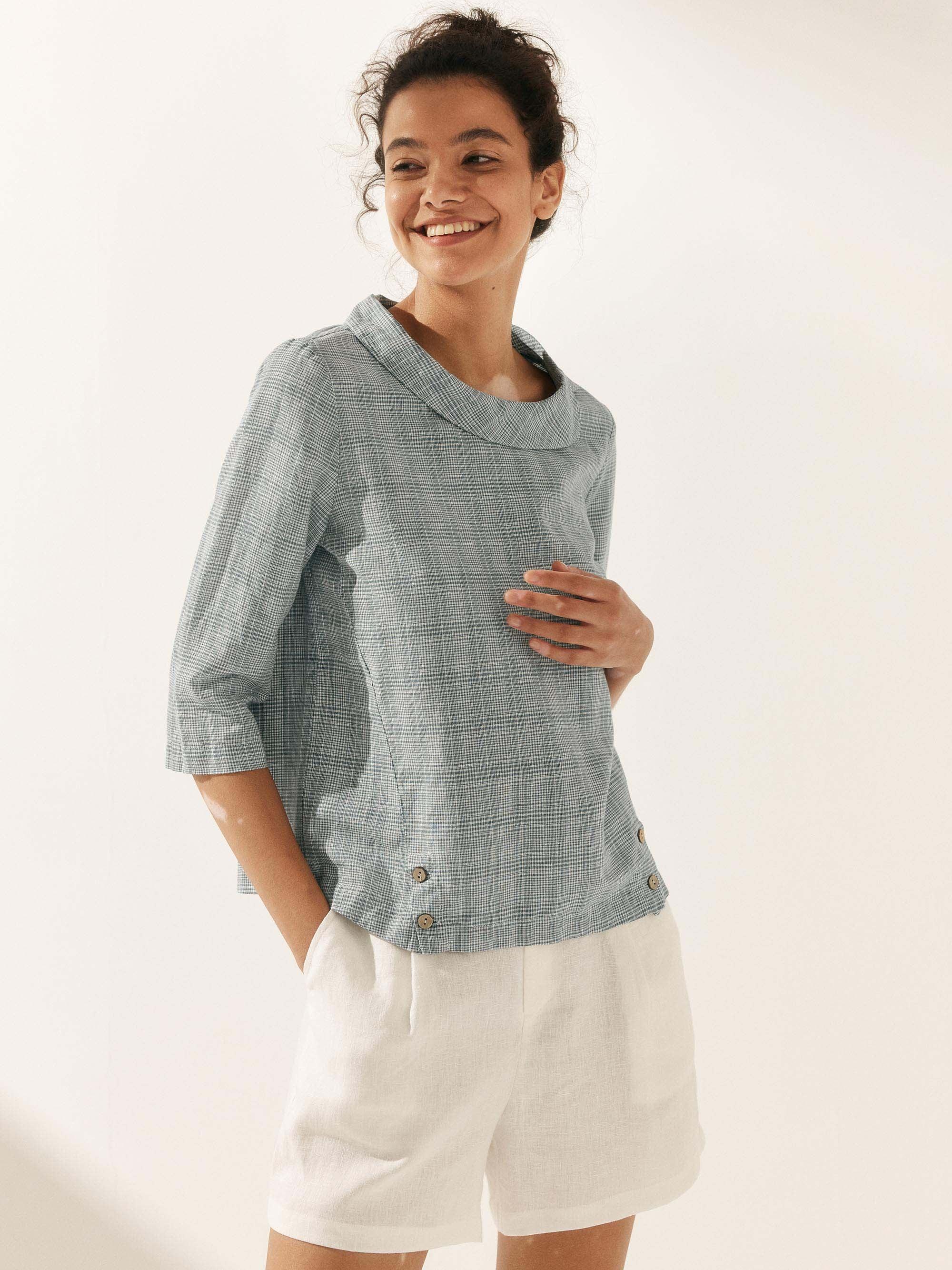 Linen Gingham Checked Round Soft-Fold Collar Top LAURA by LINTICO