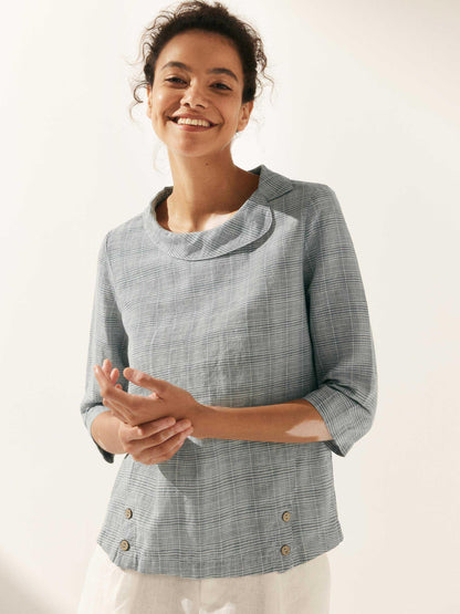 Linen Gingham Checked Round Soft-Fold Collar Top LAURA by LINTICO