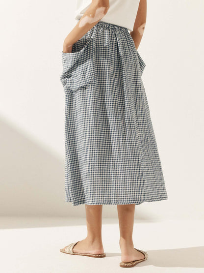 Linen Checked Elastic Waist Skirt ONYX by LINTICO