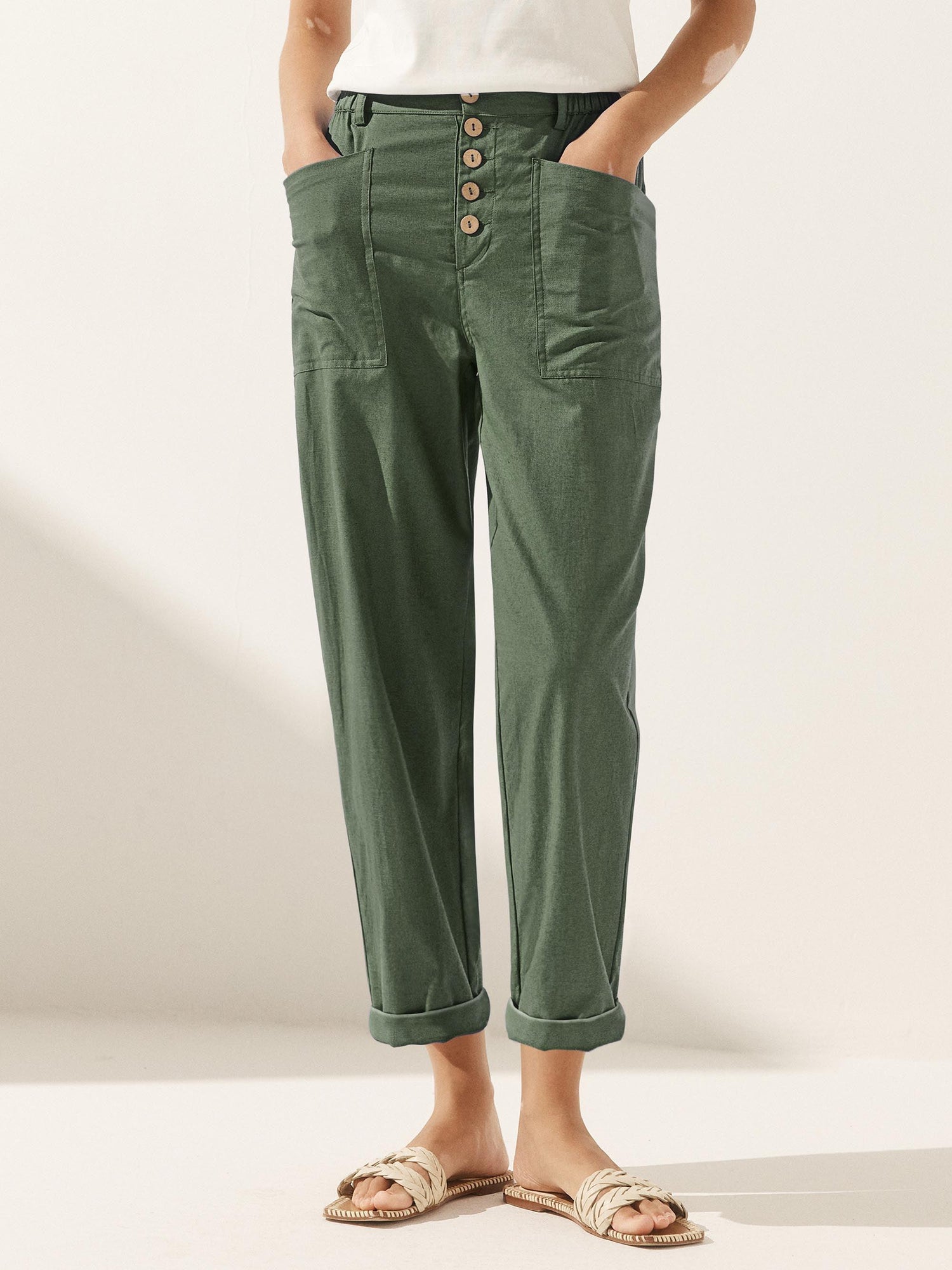 Linen Simple Button Fly Trousers HEIDI by LINTICO