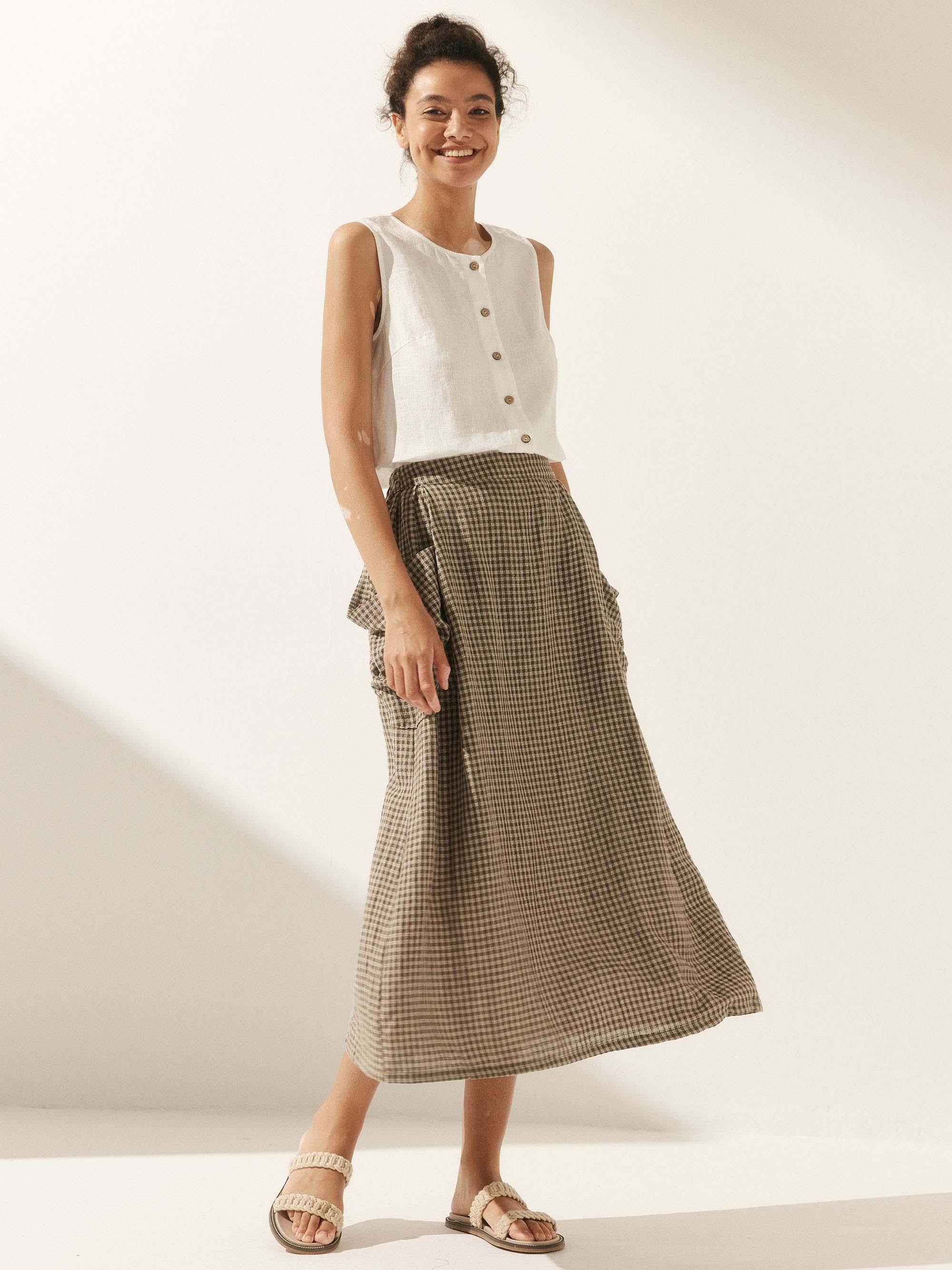 Linen Checked Elastic Waist Skirt ONYX by LINTICO