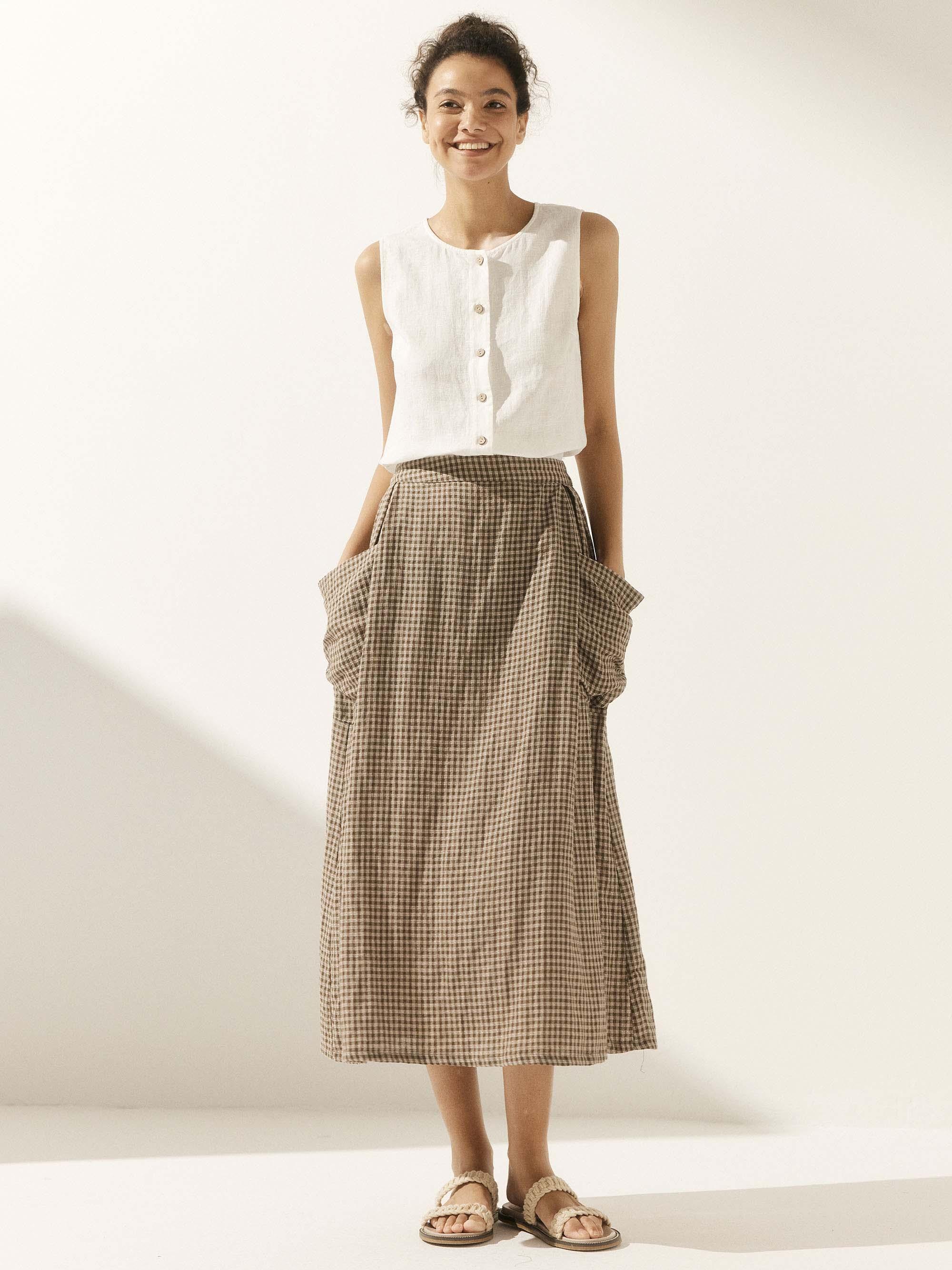 Linen Checked Elastic Waist Skirt ONYX by LINTICO