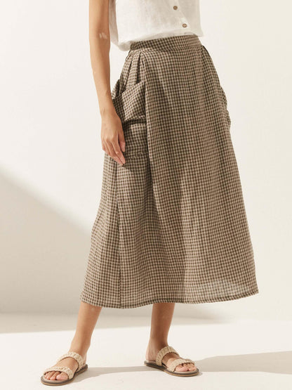 Linen Checked Elastic Waist Skirt ONYX by LINTICO