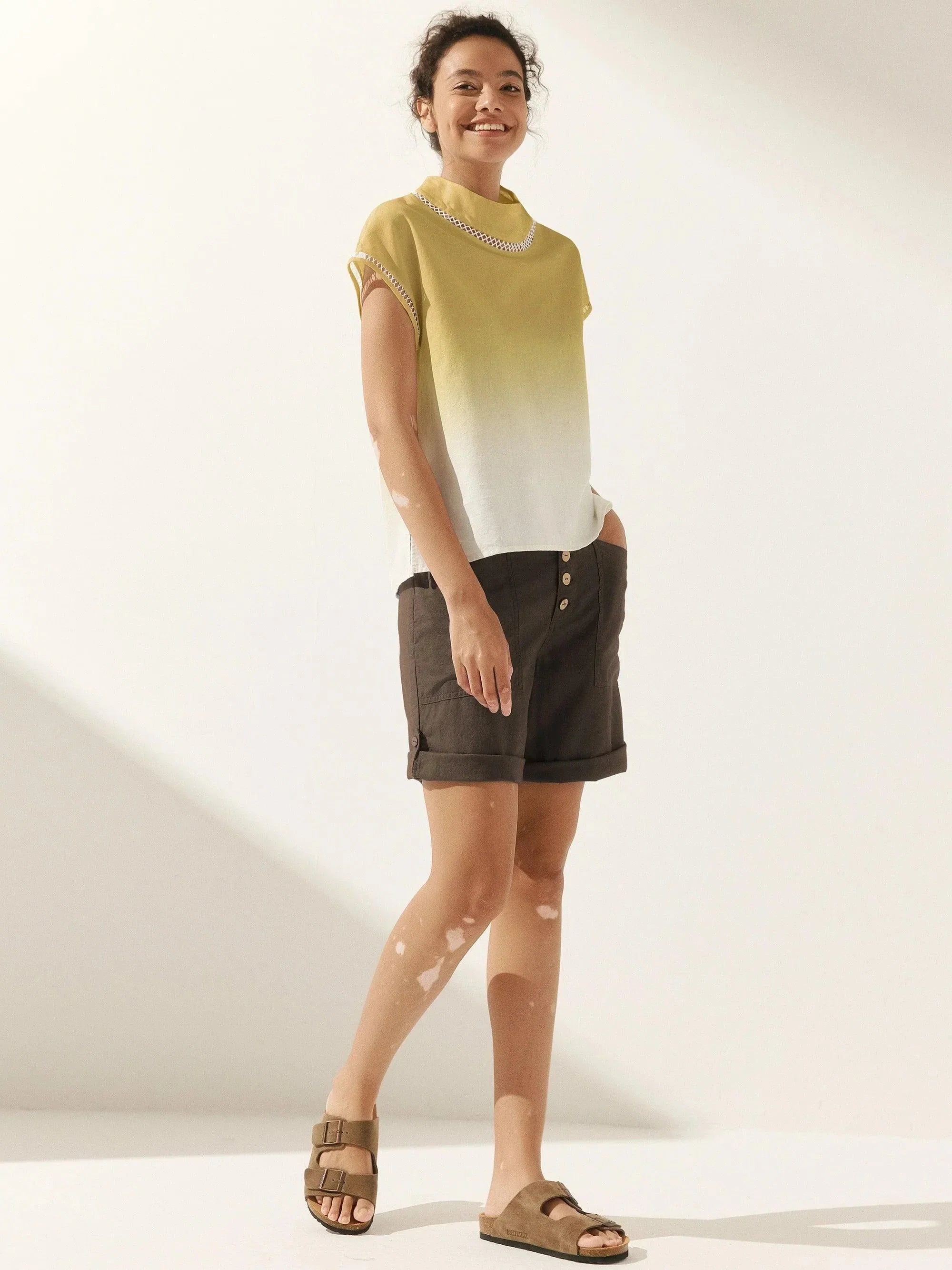 100% Linen Gingham Checked Cutout Turtleneck Top CAROL by LINTICO