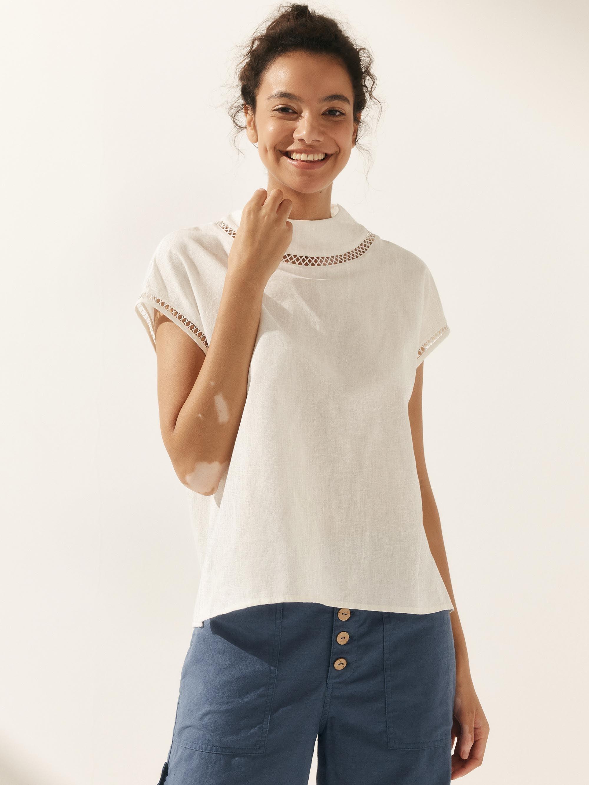100% Linen Gingham Checked Cutout Turtleneck Top CAROL by LINTICO