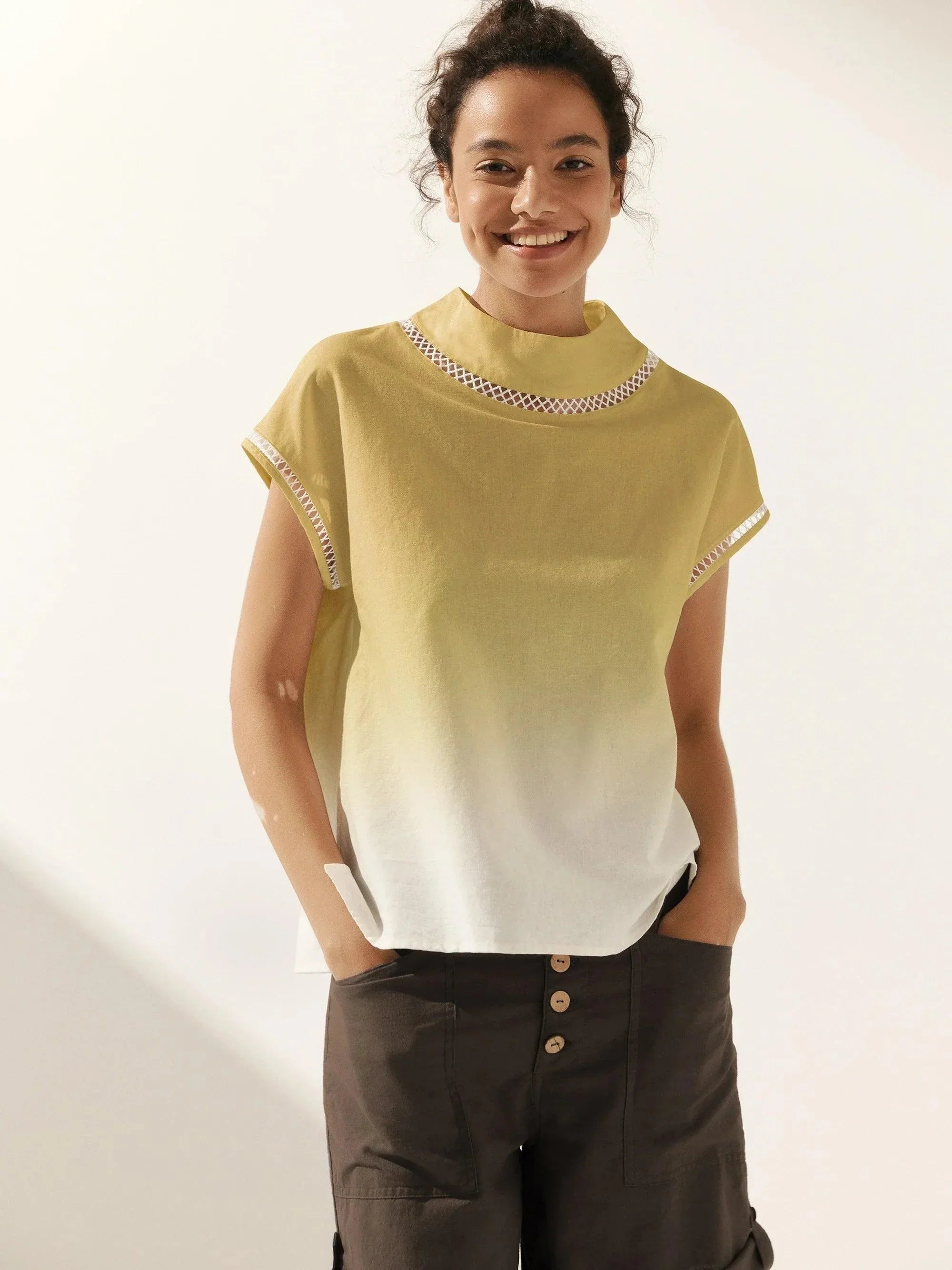 100% Linen Gingham Checked Cutout Turtleneck Top CAROL by LINTICO