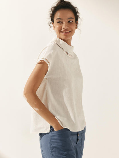 100% Linen Gingham Checked Cutout Turtleneck Top CAROL by LINTICO