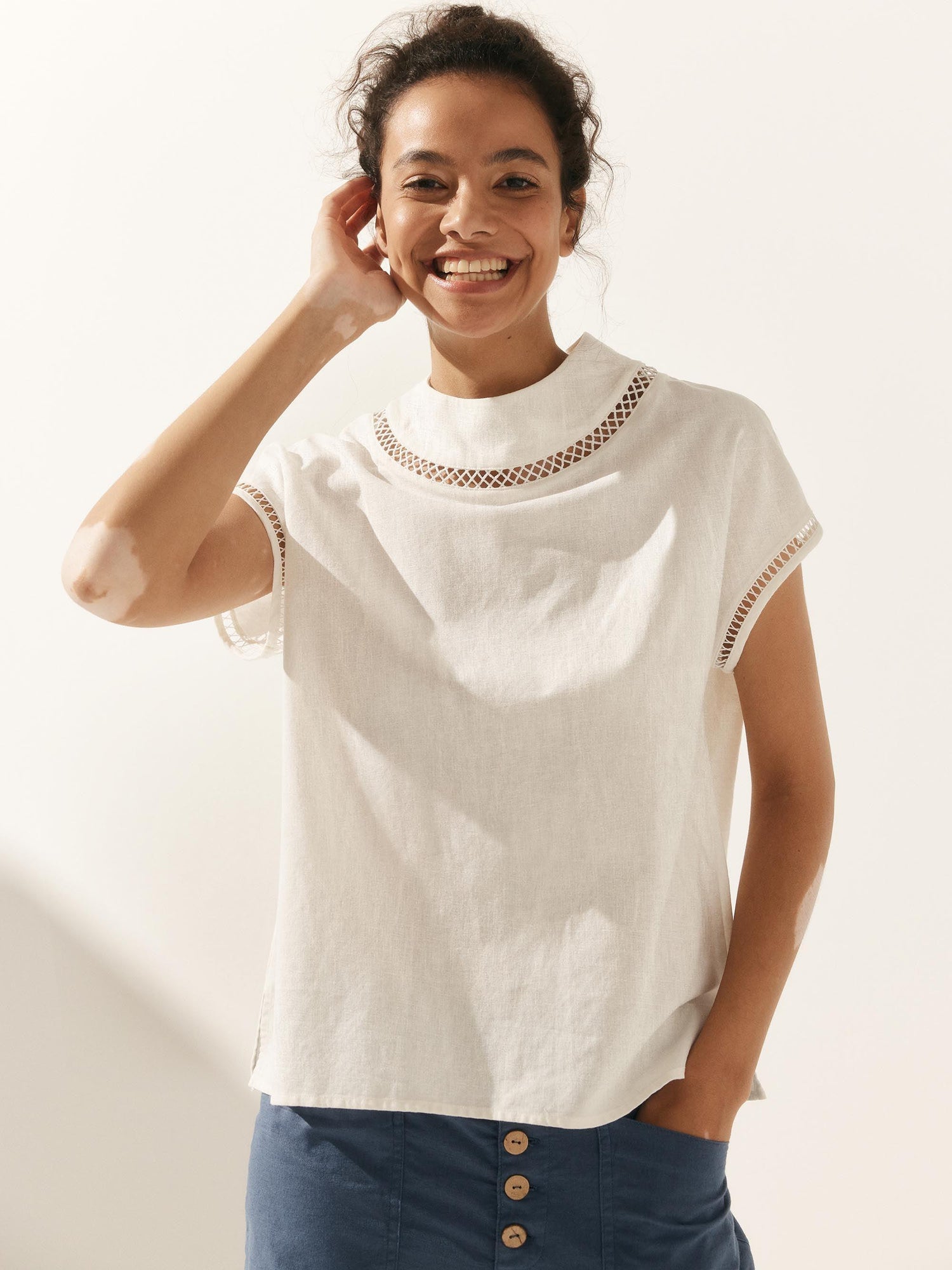 100% Linen Gingham Checked Cutout Turtleneck Top CAROL by LINTICO