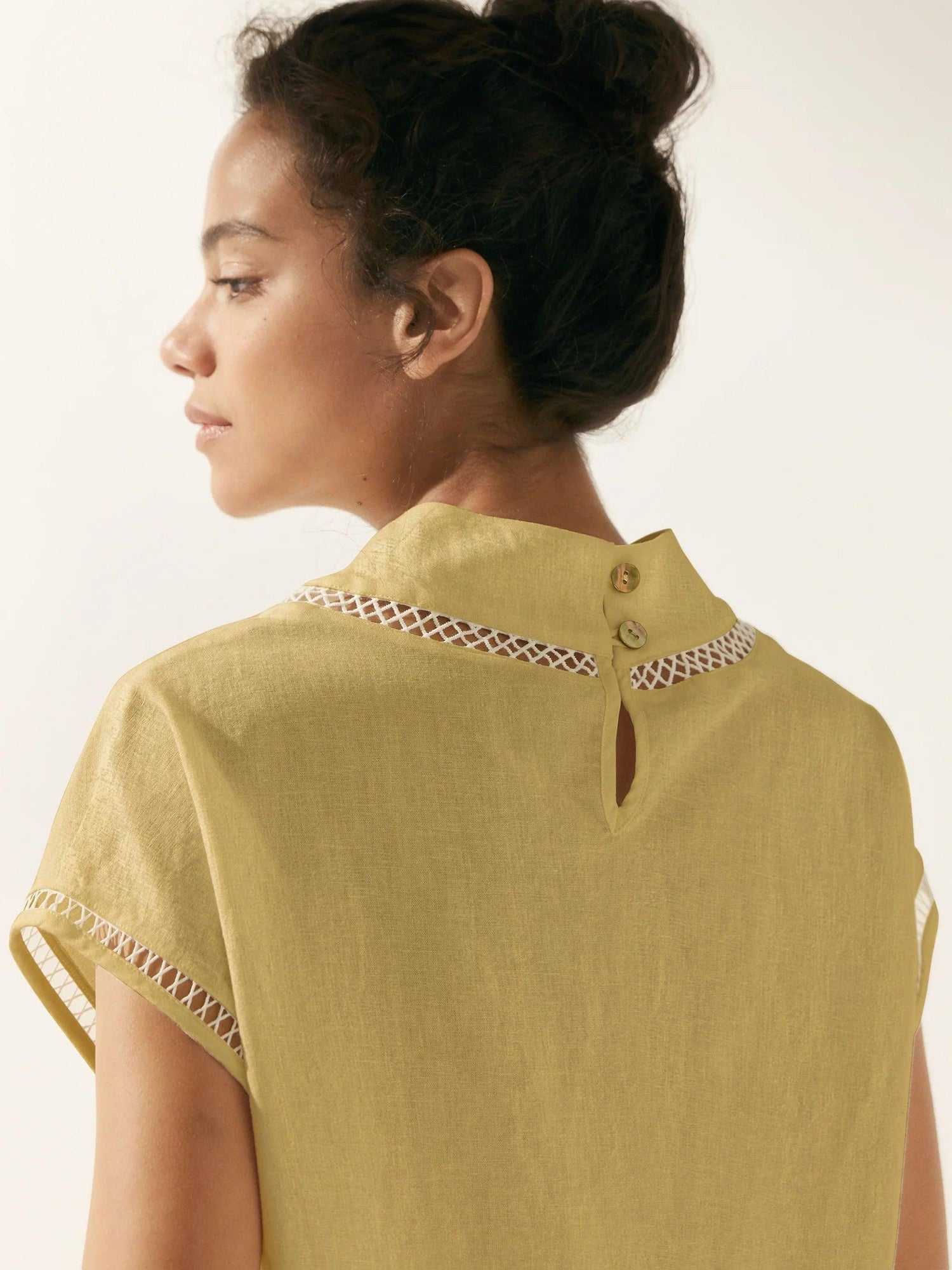100% Linen Gingham Checked Cutout Turtleneck Top CAROL by LINTICO