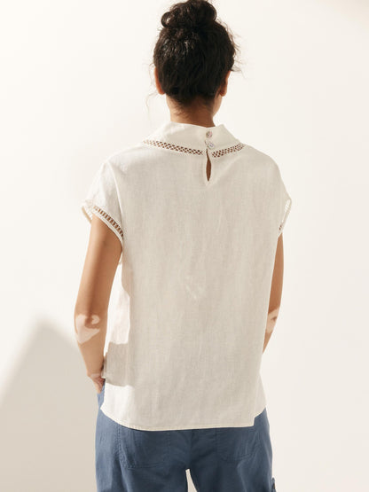 100% Linen Gingham Checked Cutout Turtleneck Top CAROL by LINTICO