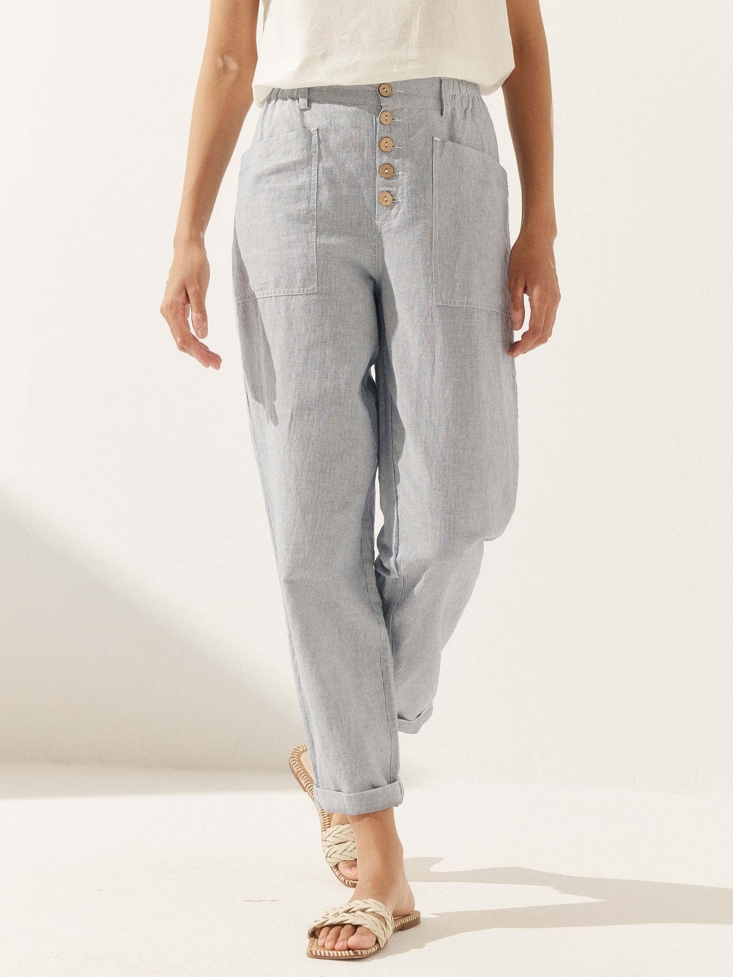 Linen Simple Button Fly Trousers HEIDI by LINTICO