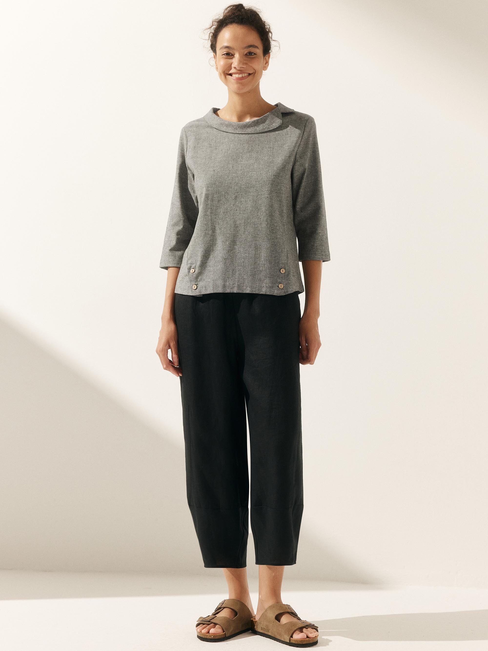 Linen Gingham Checked Round Soft-Fold Collar Top LAURA by LINTICO