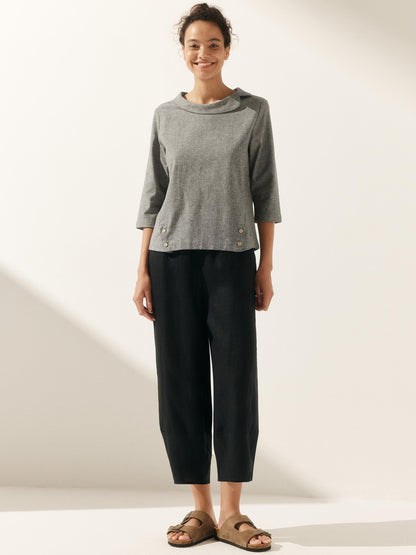 Linen Gingham Checked Round Soft-Fold Collar Top LAURA by LINTICO