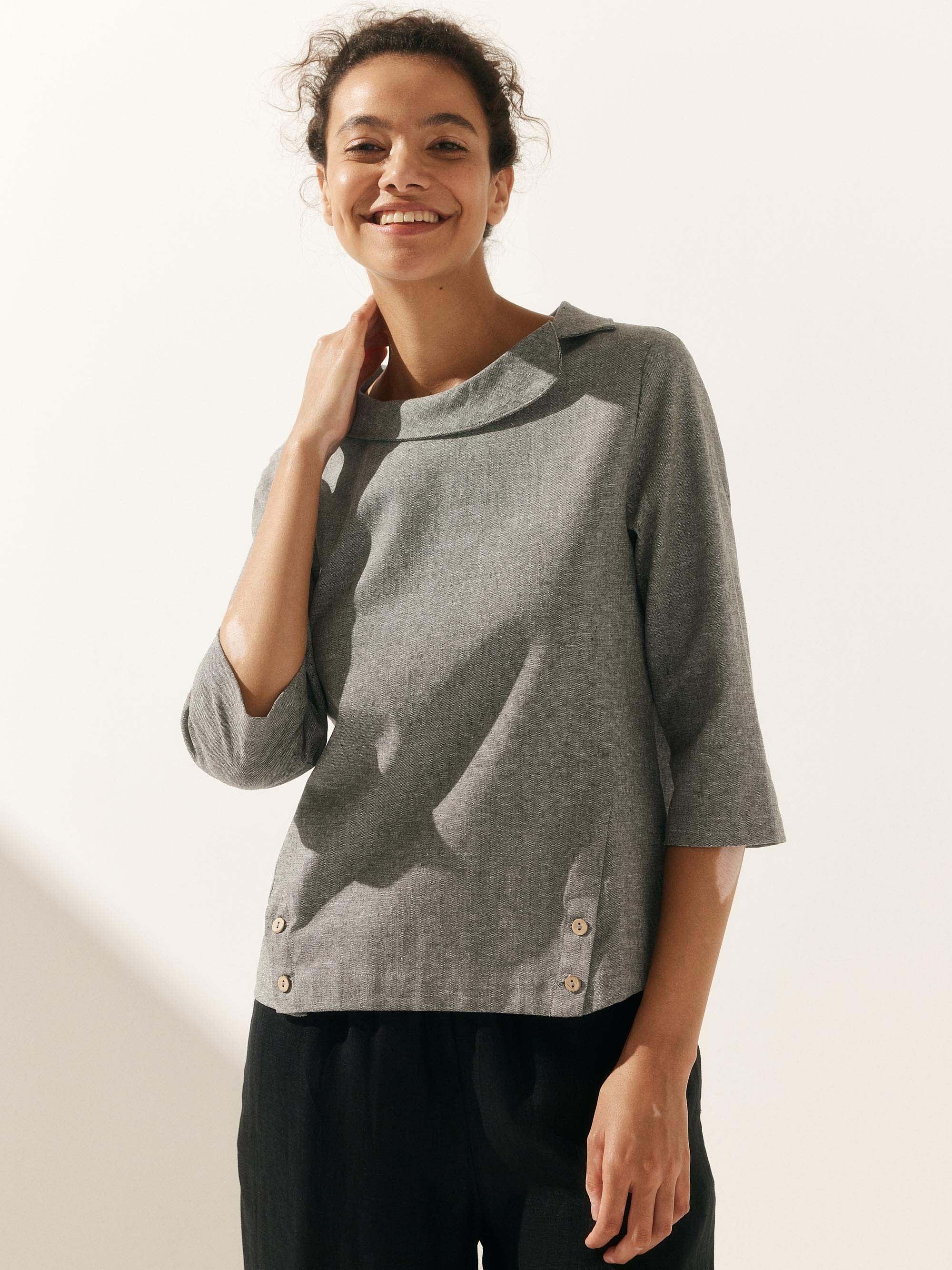 Linen Gingham Checked Round Soft-Fold Collar Top LAURA by LINTICO
