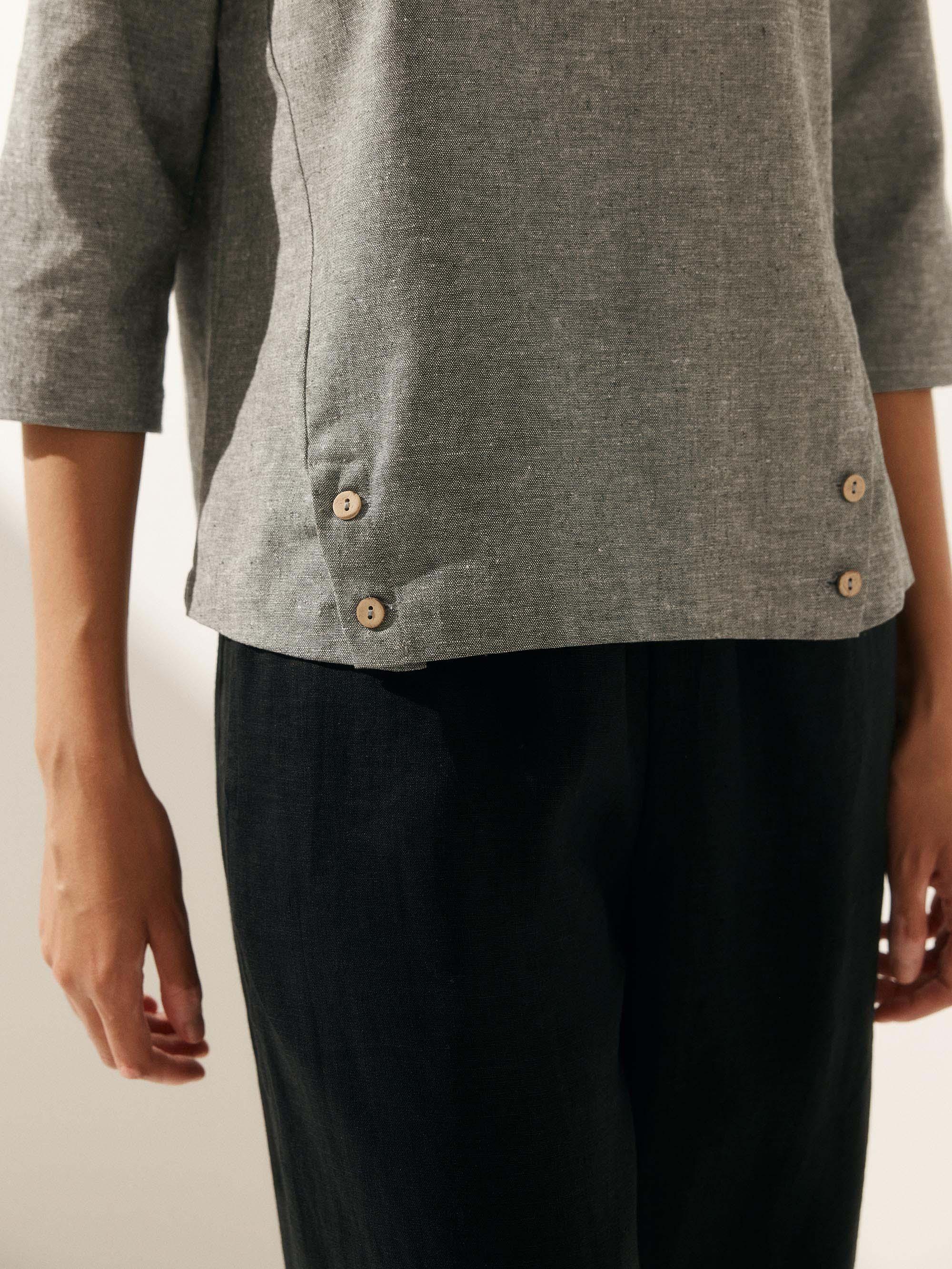 Linen Gingham Checked Round Soft-Fold Collar Top LAURA by LINTICO