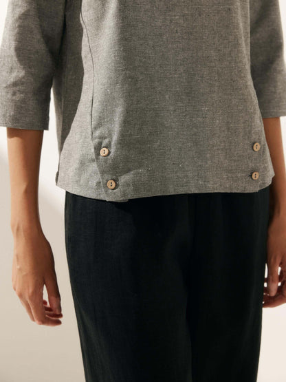 Linen Gingham Checked Round Soft-Fold Collar Top LAURA by LINTICO