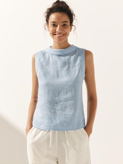 100% Linen Draped Collar Tank Top by LINTICO