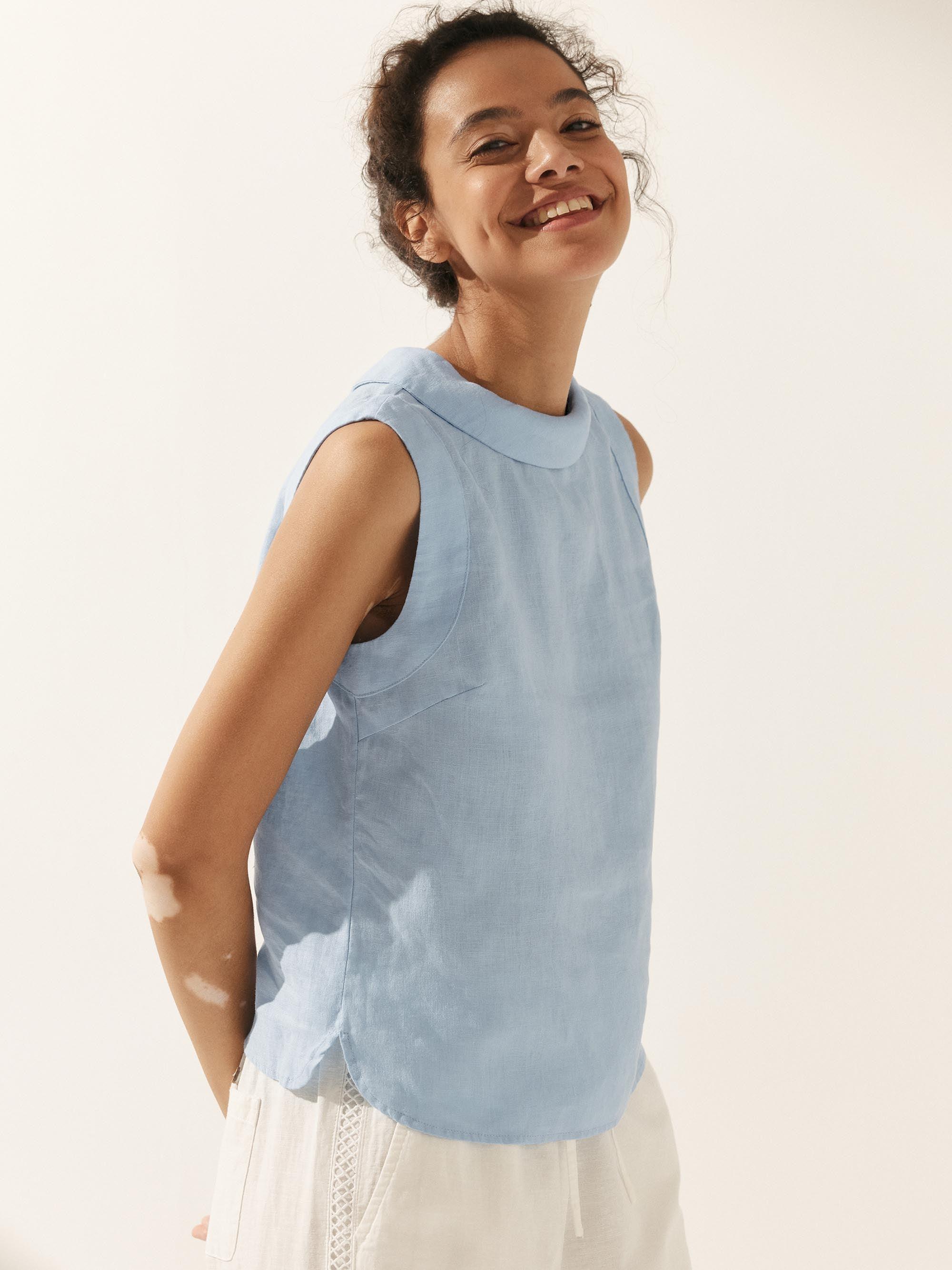 100% Linen Draped Collar Tank Top by LINTICO