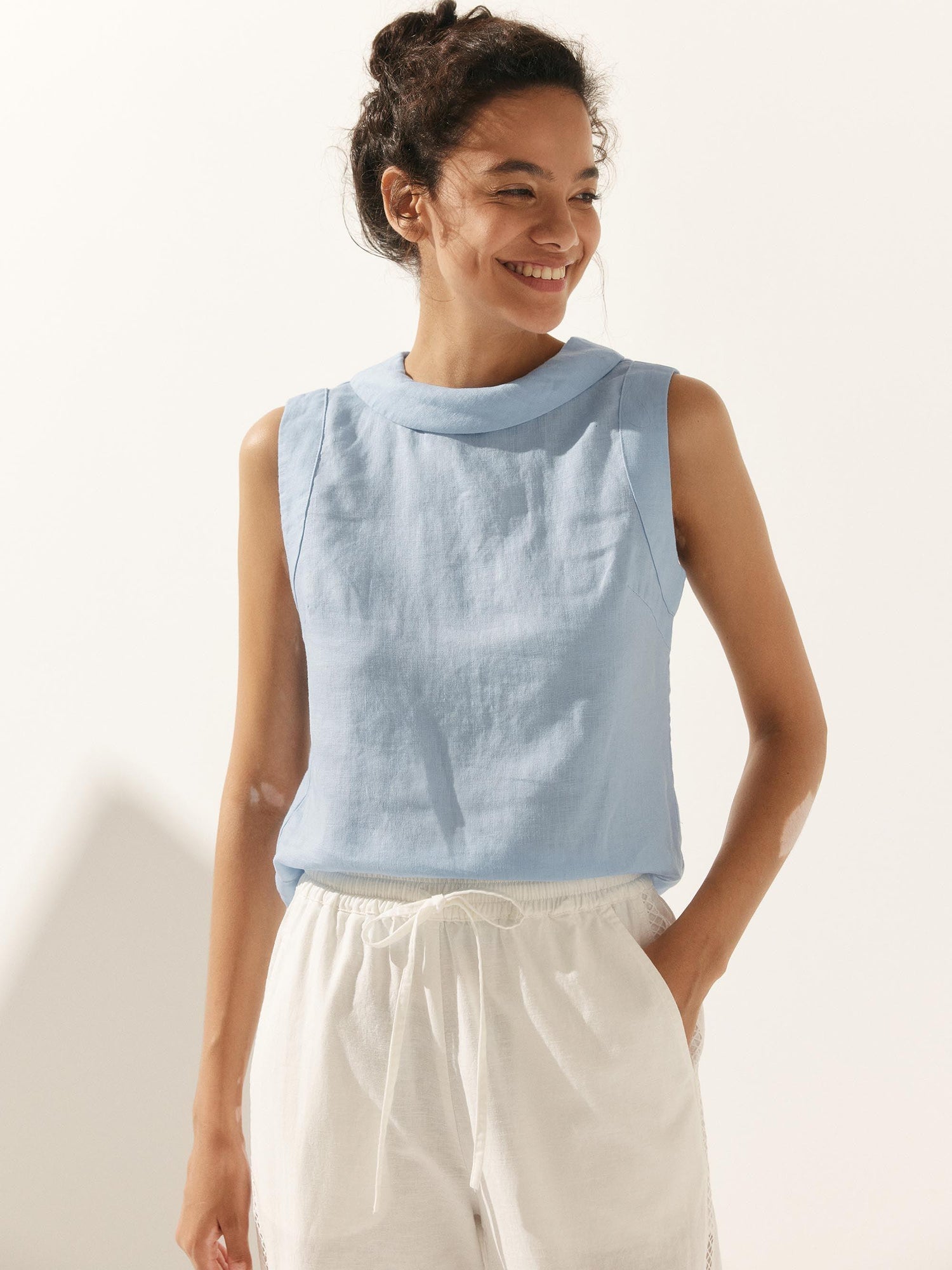 100% Linen Draped Collar Tank Top by LINTICO