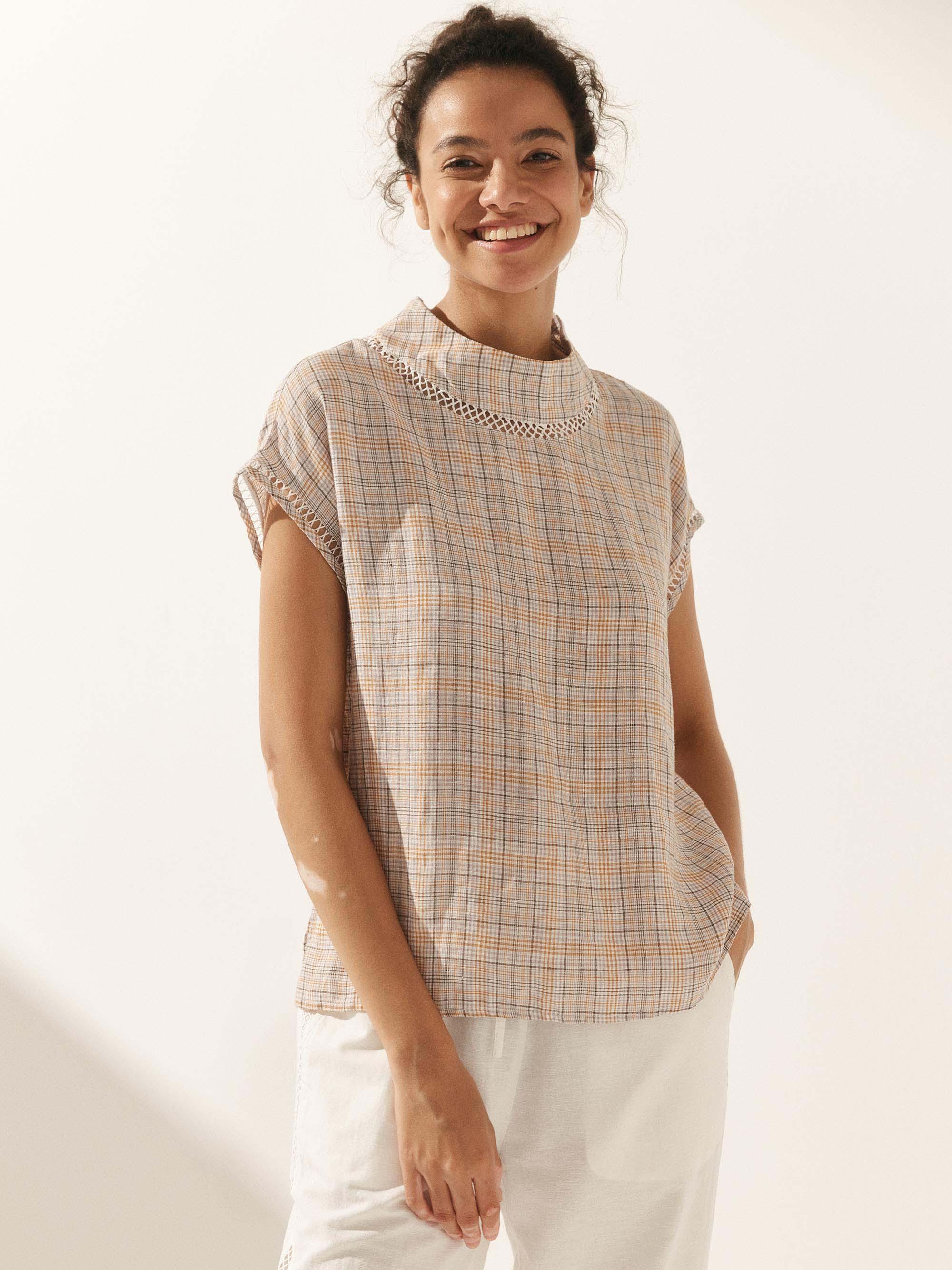 100% Linen Gingham Checked Cutout Turtleneck Top CAROL by LINTICO