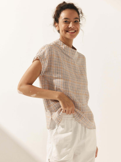 100% Linen Gingham Checked Cutout Turtleneck Top CAROL by LINTICO