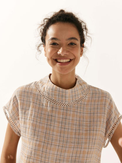 100% Linen Gingham Checked Cutout Turtleneck Top CAROL by LINTICO