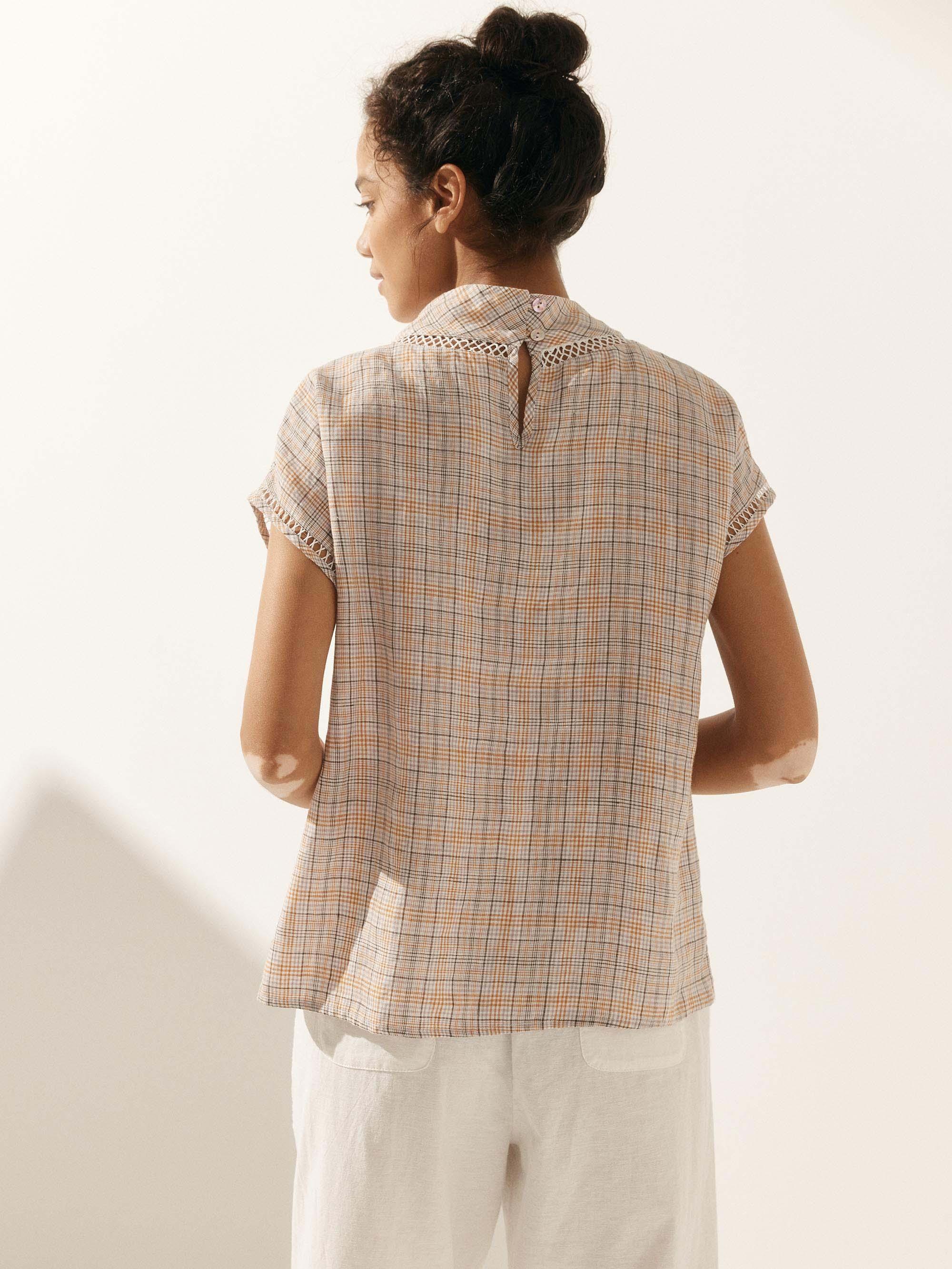 100% Linen Gingham Checked Cutout Turtleneck Top CAROL by LINTICO