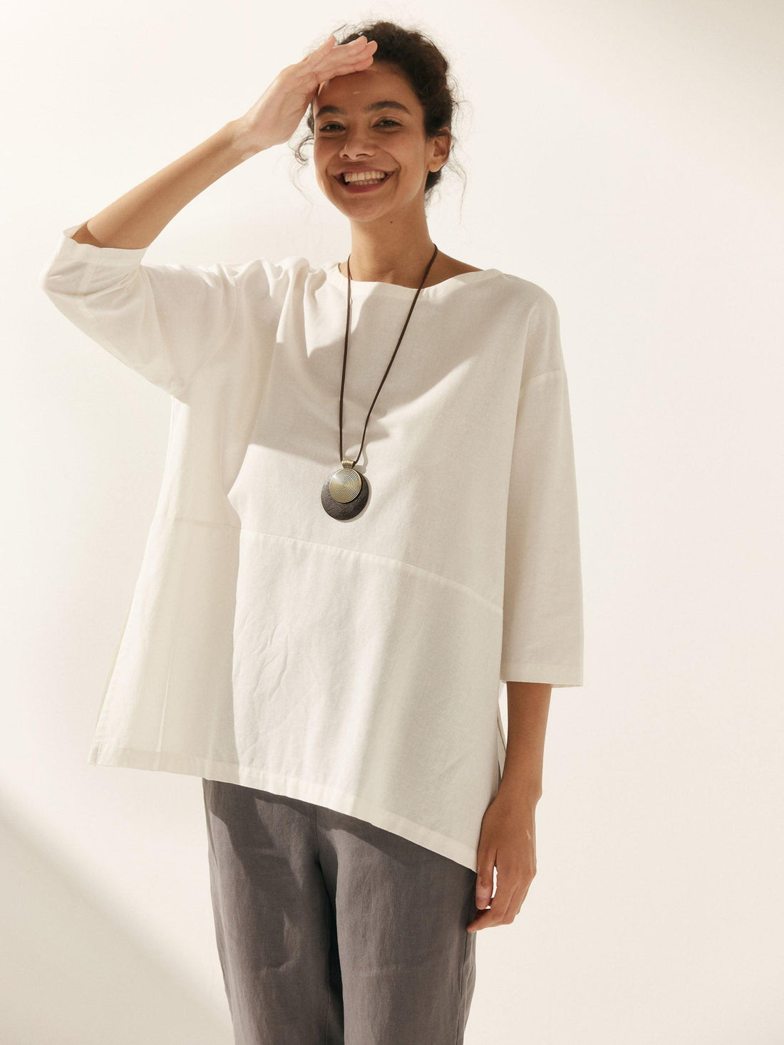 Linen White Boat Neck Oversized Top AVA by LINTICO