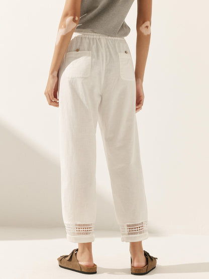 Linen Hollow Lace Stitching Elastic Waist Ankle Length Pants RITA by LINTICO
