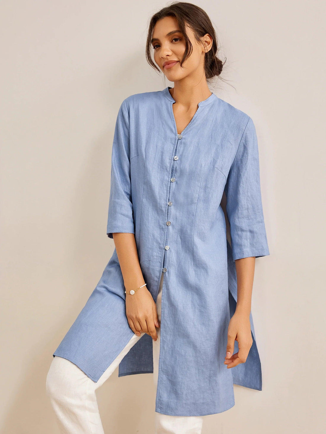 100% Linen Hand Button Long Top DILLON 