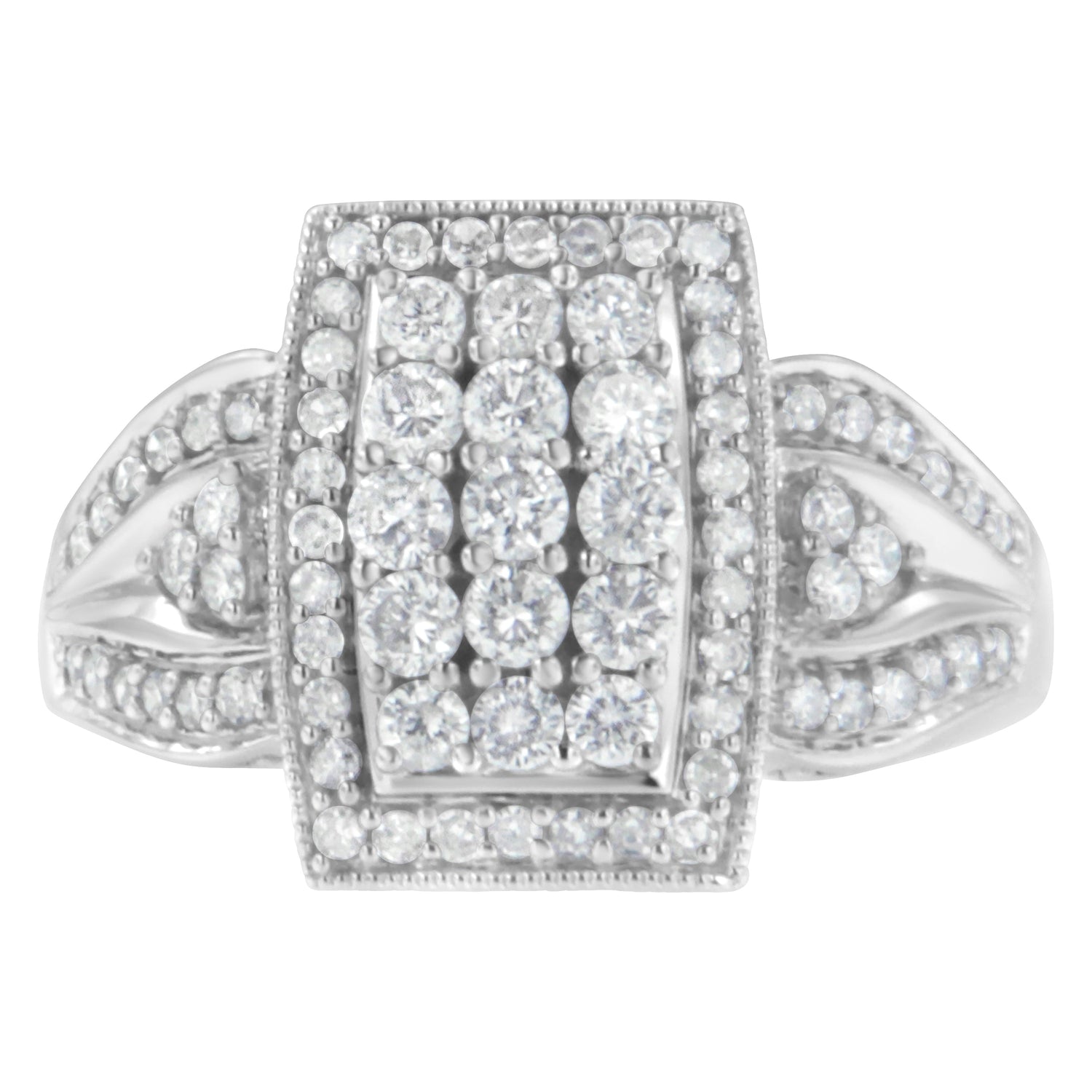 10K White Gold 1.0 Cttw Diamond Rectangular Cushion Shaped Cluster Halo Flared Band Cocktail Fashion Ring (H-I Color, SI2-I1 Clarity) - Size 7 by Bids.com