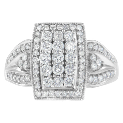 10K White Gold 1.0 Cttw Diamond Rectangular Cushion Shaped Cluster Halo Flared Band Cocktail Fashion Ring (H-I Color, SI2-I1 Clarity) - Size 7 by Bids.com