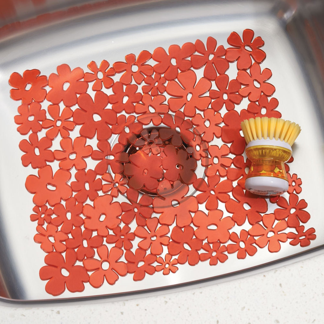 iDesign Blumz Floral Red Flexible Plastic Large Sink Protector Mat 12.5in x 16in 