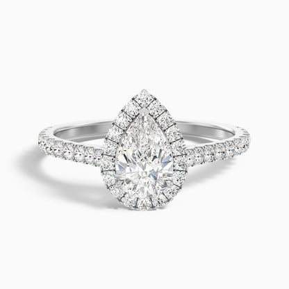 Emie 10 Carat Pear Shaped Halo Moissanite Diamond Ring in 18k White Gold