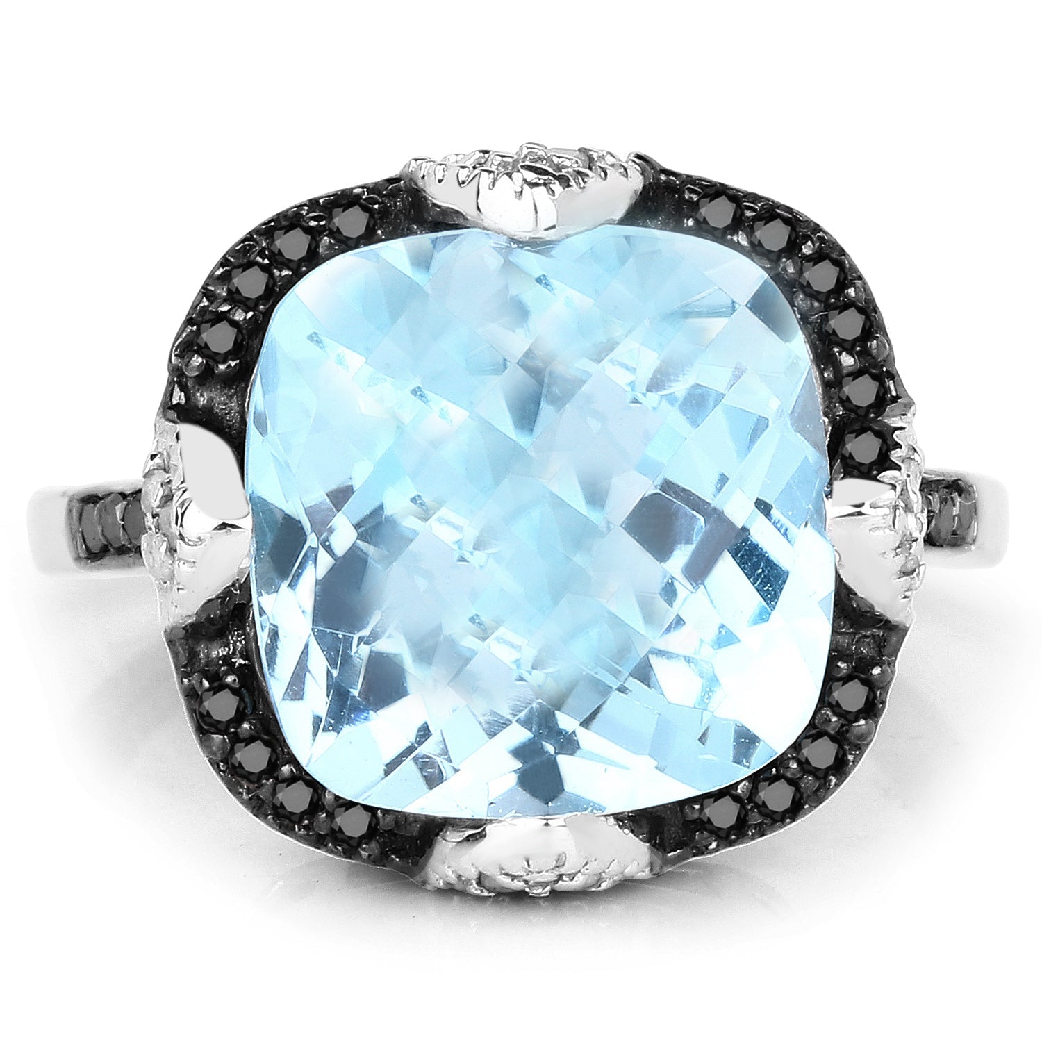 8.29 Carat Genuine Swiss Blue Topaz, Black Diamond &amp; White Diamond .925 Sterling Silver Ring by Bids.com