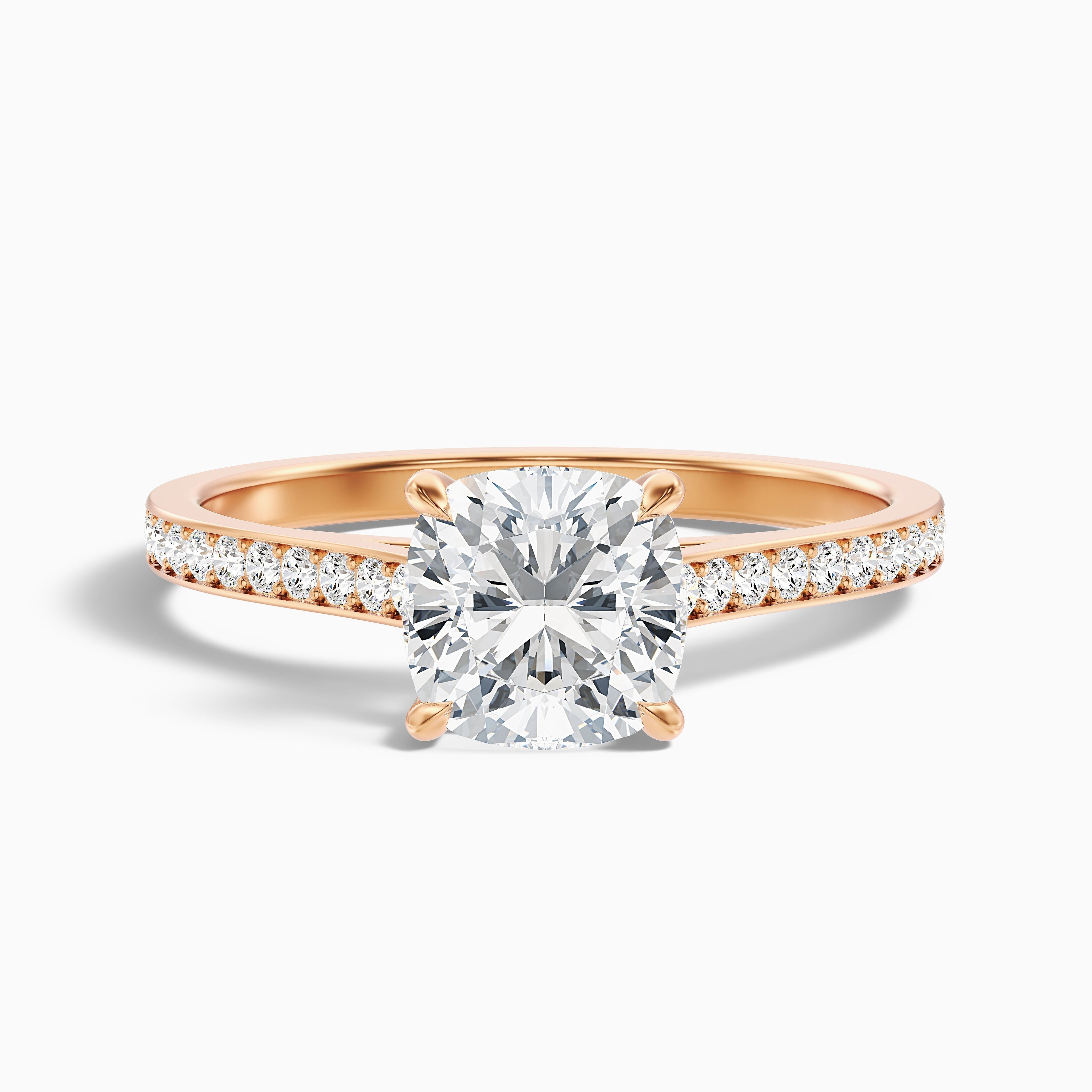 Eva 1.5 Carat Cushion Cut Side Stone Pave Moissanite Diamond Ring in 14k Rose Gold