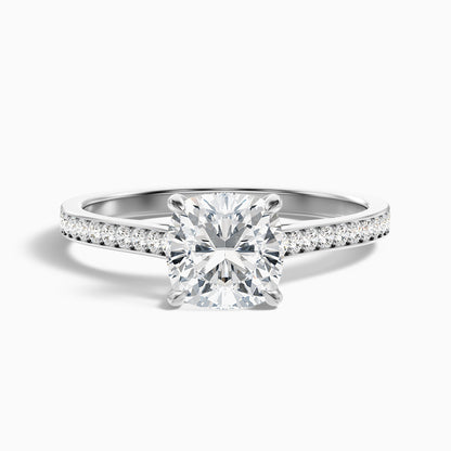 Eva 2 Carat Cushion Cut Side Stone Pave Moissanite Diamond Ring in 18k White Gold
